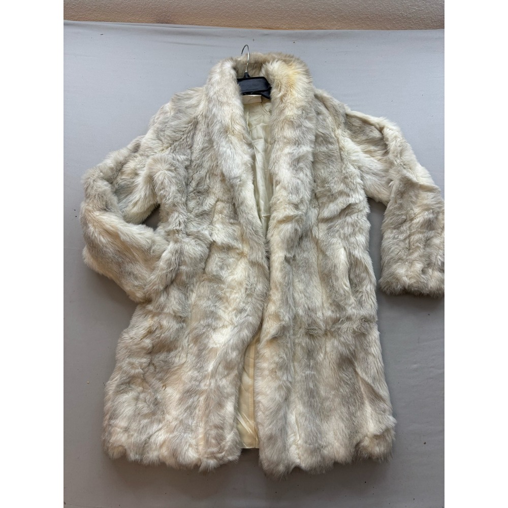 Vintage White Gray Faux Fur Long Coat Shawl Collar Made in USA Size 10